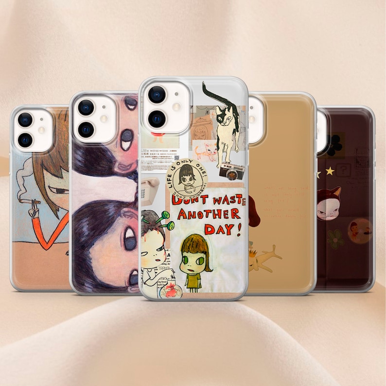 May include: Set of five phone cases with different colorful illustrations. The cases feature a variety of designs, including a girl with a cigarette, a girl with a cat, a girl with a camera, a girl with a crown, and a girl with a star. The cases are all clear and have a glossy finish.