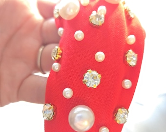 Red headband with pearls and rhinestones