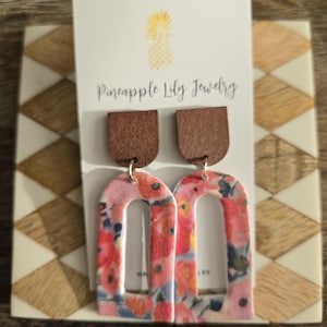 Spring floral earrings with wood hypoallergenic posts
