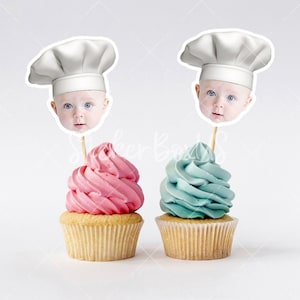 Pizza Birthday Cupcake Toppers | Chefs Hat Face Toppers | Pizza Theme Birthday Decor | Photo Toppers | Personalized Cupcake Toppers