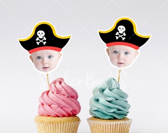 Adornos para cupcakes con foto de cara de pirata / Adornos para cumpleaños de piratas / Decoración para fiestas piratas / Adornos personalizados / Adornos para cupcakes personalizados /