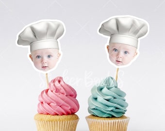 Adornos para cupcakes de cumpleaños con temática de pizza / Adornos con cara de gorro de chef / Decoración de cumpleaños con temática de pizza / Adornos con fotos / Adornos personalizados para cupcakes