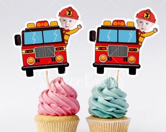 Adornos para cupcakes con cara de bombero / Adornos personalizados para cupcakes de bombero / Escuela de bomberos de graduación / Adornos para cupcakes con cara de camión de bomberos