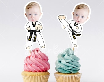 Adornos para cupcakes con cara de taekwondo / Adornos para cupcakes con foto / Adornos personalizados de artes marciales / Suministros para decoración de pasteles / Fiesta de cumpleaños