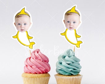Adornos para cupcakes con foto de tiburón bebé / Adornos para cupcakes con cara de tiburón bebé / Adornos personalizados para cupcakes de tiburón bebé / Fiesta de cumpleaños de tiburón bebé