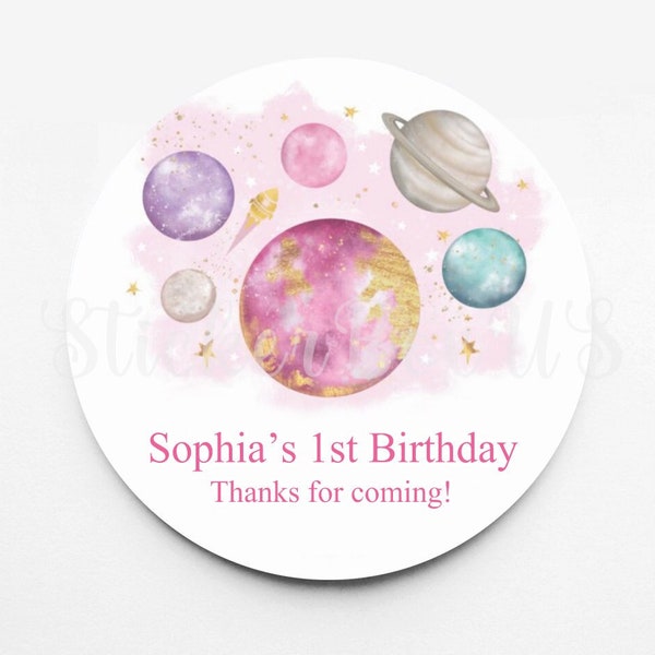 Space Pink Themed Birthday Stickers | Personalized Stickers | Custom Stickers | Stickers For Every Occasion | Girl Space Birthday Party