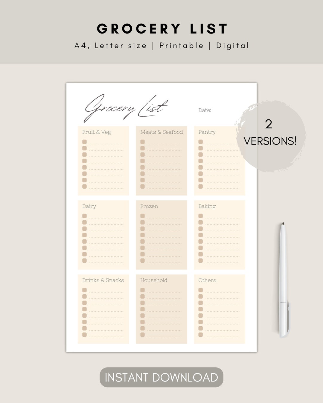 Grocery List Printable Food Shopping List Template Grocery Etsy UK