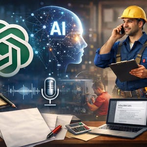 Pack d'invites IA pour électriciens : rapport de travail à partir d'un mémo vocal, d'un e-mail client et des tâches restantes, modèle numérique