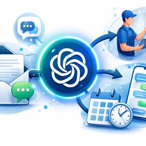 Op de afbeelding: Een illustratie die een workflow met een centraal logo weergeeft. Elementen zijn een open envelop met een document, spraakbubbels, een technicus, een smartphone met chatbubbels, een kalender en een klok. Het kleurenpalet is voornamelijk blauw en wit.