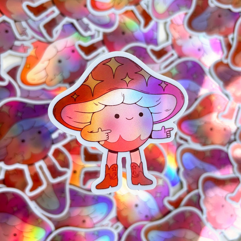 Cowboy Mushroom Holographic Sticker Journaling, Planner Sticker, Laptop Sticker, Cute Sticker image 1