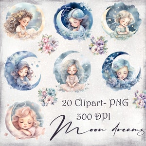 月は夢を見る。人工知能クリップアート、インスタントダウンロード、透明な背景に PNG デジタル ファイル。スクラップブッキング、カード作成用。