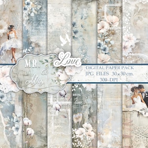 Puede incluir: Un paquete de papel digital con diseños de estilo vintage, que incluyen elementos florales y botánicos. Los diseños presentan flores de acuarela, escritura y las palabras "Mr. & Mrs" y "Love". Cada papel mide 30 x 30 cm.