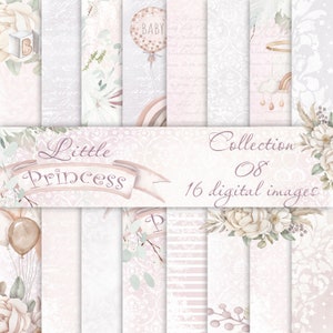 Baby Girl Digital Paper.Pink Baby Shower Papers.Baby Girl Scrapbook Nursery Background.For Card Making, Scrapbook Albums and more.