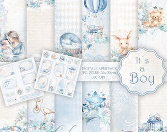 May include: A digital paper pack with a blue and white color scheme featuring a variety of baby-themed illustrations, including a hot air balloon, a crib, a teddy bear, a bunny, a stork, a train, and a cupcake. The text "It's a Boy" is featured in a large circle. The pack includes 12 JPG files, each measuring 30x30 cm and 300 DPI.