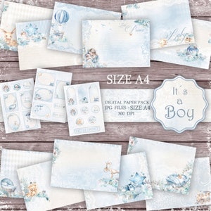 Grootte A4.Baby Boy digitale Paper.Baby Boy Scrapbook kwekerij achtergrond. Baby Shower Papers. Voor het maken van kaarten, plakboekalbums en meer.