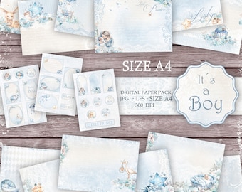 Size A4.Baby Boy Digital Paper.Baby Boy Scrapbook Nursery Background. Baby Shower Papers.For Card Making, Scrapbook Albums and more.