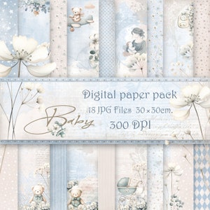 Baby Boy Digital Paper.Pink Baby Shower Papers.Baby Girl Scrapbook Nursery Background.For Card Making, Scrapbook Albums and more.