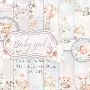Baby Girl Digital Paper.Baby Girl Scrapbook Nursery Background. Baby Shower Papers.For Card Making, Scrapbook Albums and more.