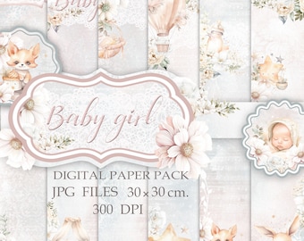 May include: A digital paper pack with a baby girl theme. The pack includes 10 JPG files, each measuring 30x30 cm and 300 DPI. The designs feature a variety of cute baby girl illustrations, including a baby sleeping, a fox, a bunny, a hot air balloon, and a crib.