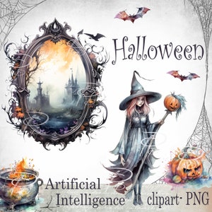 ハロウィーンのクリップアート。人工知能、インスタント ダウンロード、透明な背景に PNG デジタル ファイル。スクラップブッキング、カード作成用。