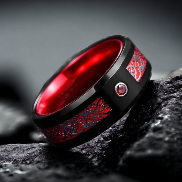 Hong | Bague en tungstène rouge et noir avec un design artistique | Bande de promesse | Cadeau d'anniversaire | Bande de mariage | Bague unique | Bague élégante