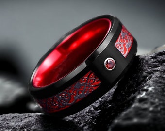 Hóng / Anillo de tungsteno rojo y negro con un diseño artístico / Banda de promesa / Regalo de aniversario / Alianza de boda / Anillo único / Anillo elegante