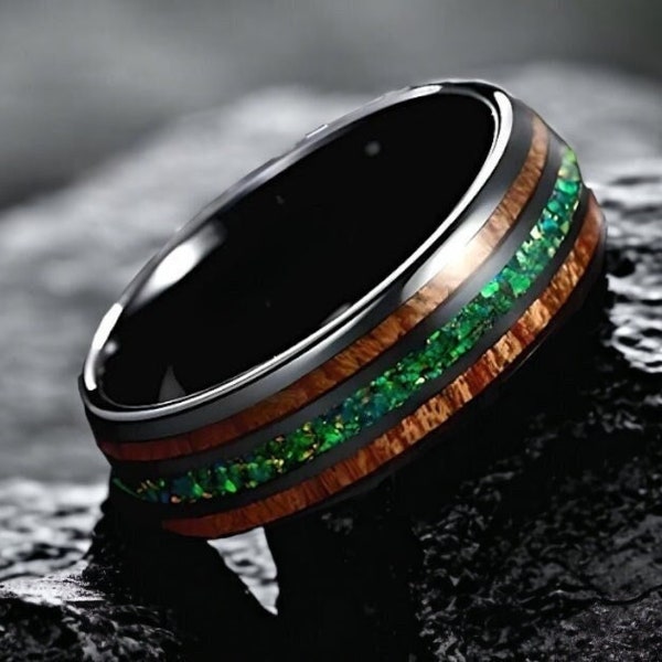 Czarny pierścionek z wolframem z wkładką z drewna Koa i zielonym opalem, obrączka, obrączka, obrączka, pierścionek zaręczynowy, prezent na rocznicę