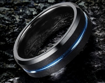 Vaccinium | Black Plated Tungsten Ring With a Blue Middle Channel | Wedding Band | Promise Band | Anniversary Gift | Ring For Men | 8mm