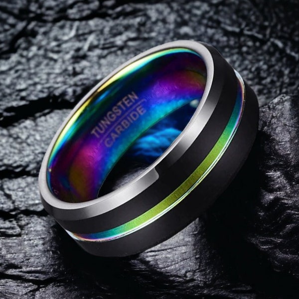 Prism | Black Tungsten Ring With Rainbow Coloured Inner Ring | Wedding Band, Promise Band | Engagement Ring | Annirversary Gift | 8mm