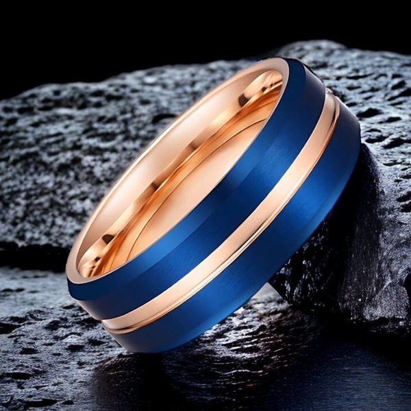 Velours | Bague en tungstène plaquée or rose avec incrustation bleue | Groupe Promise | Alliance | Cadeau d'anniversaire | Bague de fiançailles | Bague bleue | 8 mm