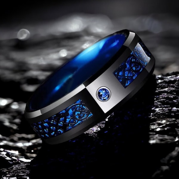 Vindal | Blue & Black Tungsten Ring With an Artistic Design | Promise Band | Anniversary Gift | Wedding Band | Unique Ring | Stylish Ring