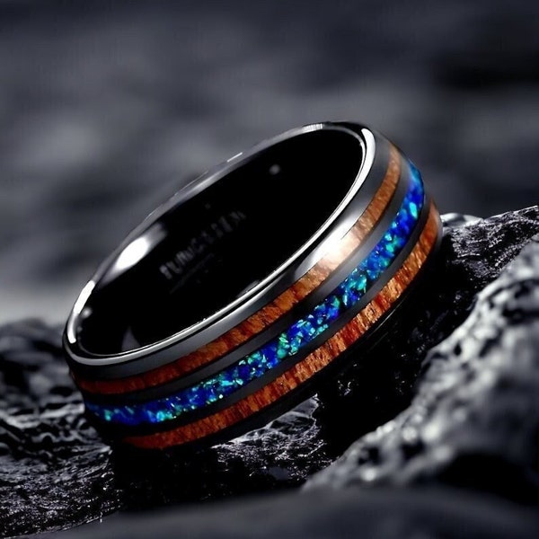 Ocean | Tungsten Ring With Wood Inlay & Blue Opal Stone Channel | Wedding Band | Promise Band | Engagement Ring | Anniversary Gift | 8mm
