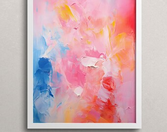 May include: Abstract painting with a pink, blue, yellow, and red color scheme. The paint is applied in thick strokes, creating a textured effect.