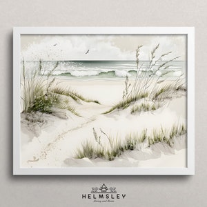 May include: A watercolor painting of a beach scene with tall green grass in the foreground and a blue ocean in the background. The sand is white and there are footprints leading to the ocean.