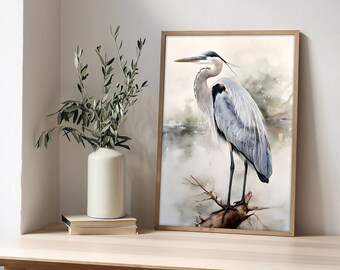 アオサギの絵画、アオサギのオリジナル水彩画、沼地や池の水鳥の絵画