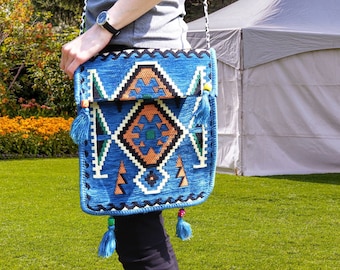 Sky Blue Kilim Crossbody Messenger Bag for Festivals and Everyday Use