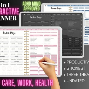 May include: A digital planner with three different themes: pink marble, gray, and blue. The planner is designed for self-care, work, and health. It includes an index page, productivity sections, and sticky notes. The planner is undated and ADHD mind approved.