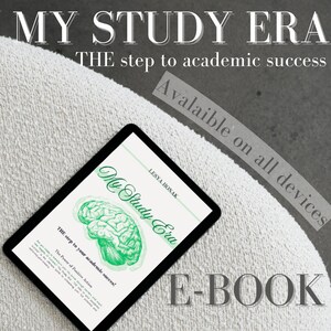 Peut inclure: Une tablette affiche le livre électronique "My Study Era". La couverture présente une illustration d'un cerveau vert et le texte "THE step to your academic success!". Le texte "Disponible sur tous les appareils" et "E-BOOK" est également visible.