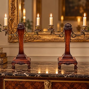 Antique Wood Brass Candelabra Pair, 19th Century European Candle Holders, Old World Decor