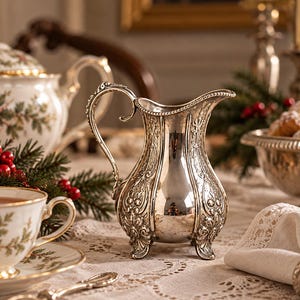 May include: A silver-toned metal creamer pitcher featuring an ornate embossed floral and scrollwork pattern, a curved handle, a beaded rim, and three decorative feet. The pitcher has a polished, reflective surface with intricate detailing.