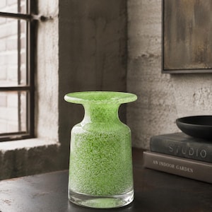 Può includere: Un vaso in vetro caratterizzato da un vivace motivo a macchie verde lime su tutto il corpo. Il recipiente presenta un bordo largo e piatto, un collo stretto e una base cilindrica con fondo in vetro trasparente. La superficie ha un aspetto denso.