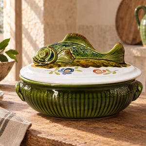 May include: A round, dark green ceramic tureen with vertical ribbing and two side handles. The white lid features a sculpted, three-dimensional green fish handle and is decorated with small, hand-painted blue and orange floral motifs.