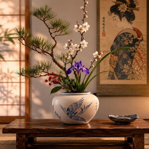 以下が含まれることがあります： ひび割れたオフホワイトの釉薬が施された丸い陶器の花瓶には、青い鶴の絵が描かれています。花瓶には松の枝、白い梅の花、赤い実、そして紫色のアイリスの花が一輪活けられており、バランスの取れた花の装飾を作り出しています。