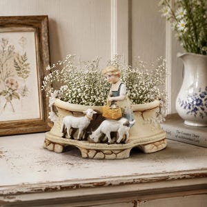 Antique German Porcelain Jardiniere, Unger Schneider Cie Grafenthal Figural Centerpiece Vase, Bisque Porcelain Goat Herder Table Centerpiece