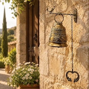 Puede incluir: Una campana de pared de latón con un patrón de relieve ornamentado y una pequeña figura de pájaro en el soporte superior. La campana cuelga de un brazo metálico e incluye una cadena larga con un tirador en forma de corazón para exteriores.