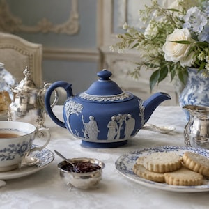Può includere: Una teiera in gres blu opaco con rilievi neoclassici bianchi raffiguranti figure e fogliame. La teiera presenta un manico curvo, un beccuccio e un coperchio con pomello. È circondata da argenteria, una tazza da tè e piatti di biscotti.