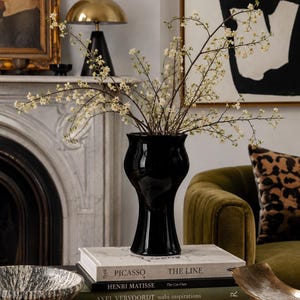 Könnte beinhalten: Eine glänzend schwarze Keramikvase mit ausgestelltem Rand und konischem Fuß, gefüllt mit dünnen Zweigen mit kleinen weißen Blüten. Die Vase steht auf einem Stapel aus drei Büchern mit den Titeln Picasso The Line, Henri Matisse The Cut-Outs und Axel Vervoordt Wabi Inspirations.