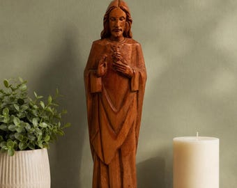 Escultura vintage de Jesus em madeira, entalhe de arte popular religiosa, figura antiga de Jesus em madeira, decoração cristã, 32 cm, figura de madeira