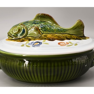 large DE DESVRES France fish lidded terrine faience ceramic hand-painted casserole dish