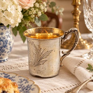 Pode incluir: Uma caneca de metal prateado com um padrão de folhas gravado e ornamentado no exterior e um interior dourado. A caneca possui uma pega decorativa curva com detalhes intrincados e um acabamento metálico com um aspeto ligeiramente desgastado.